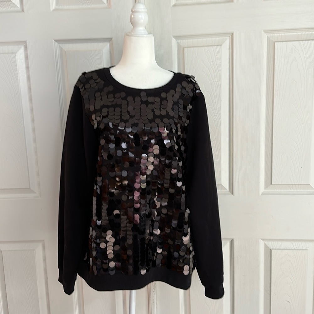 Black, sparkly, women’s tall top by Long Tall Sally. Cotton/Poly blend.